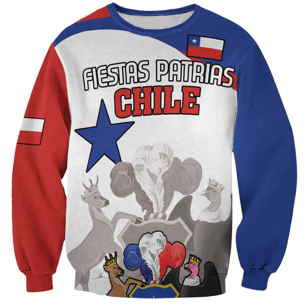 Unisex Chile-themed sweatshirt, white front with patriotic print and red/blue sleeves