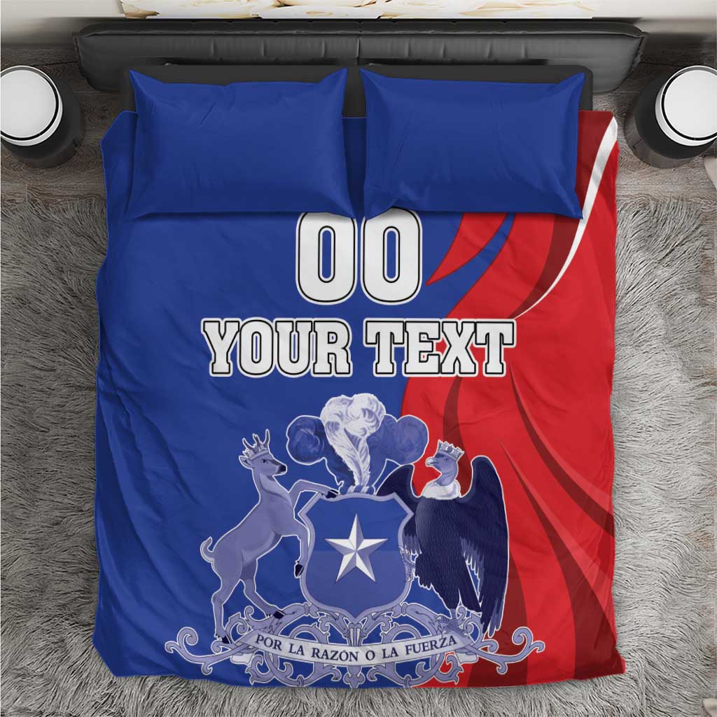 Blue and red Chile-themed bedding set with 'YOUR TEXT' and coat of arms graphic
