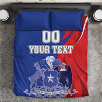 Blue and red Chile-themed bedding set with 'YOUR TEXT' and coat of arms graphic