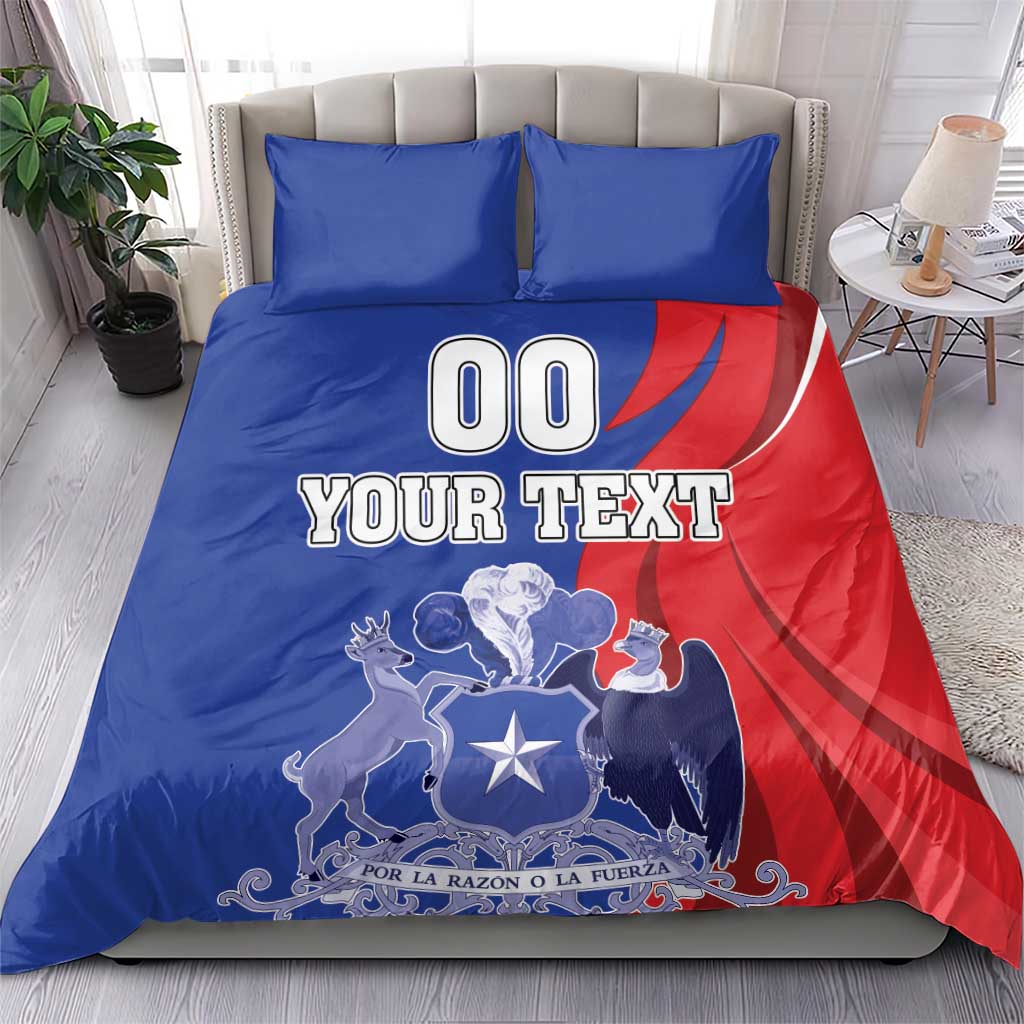 Chile-themed bedding set with 'YOUR TEXT' on a blue-and-red duvet and matching pillows