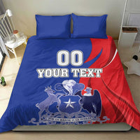 Chile-themed bedding set featuring blue pillows and a red-blue duvet with 'YOUR TEXT' coat of arms