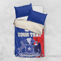Blue and red Chile-themed bedding set with 'YOUR TEXT' on duvet and two blue pillows