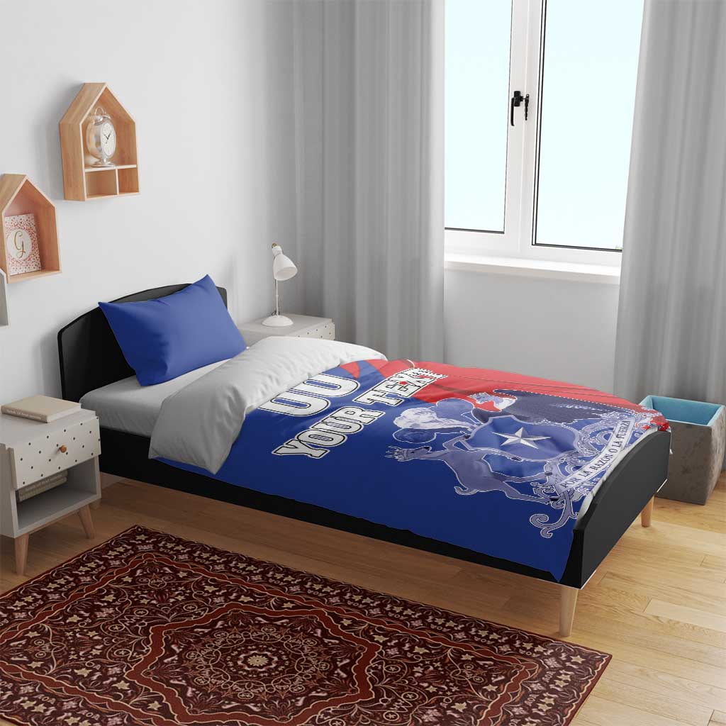 Blue and red Chile coat of arms duvet with 'YOUR TEXT', shown on bed with blue pillows