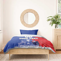 Chile-themed bedding set with blue pillows and red-blue duvet featuring 'YOUR TEXT' and coat of arms