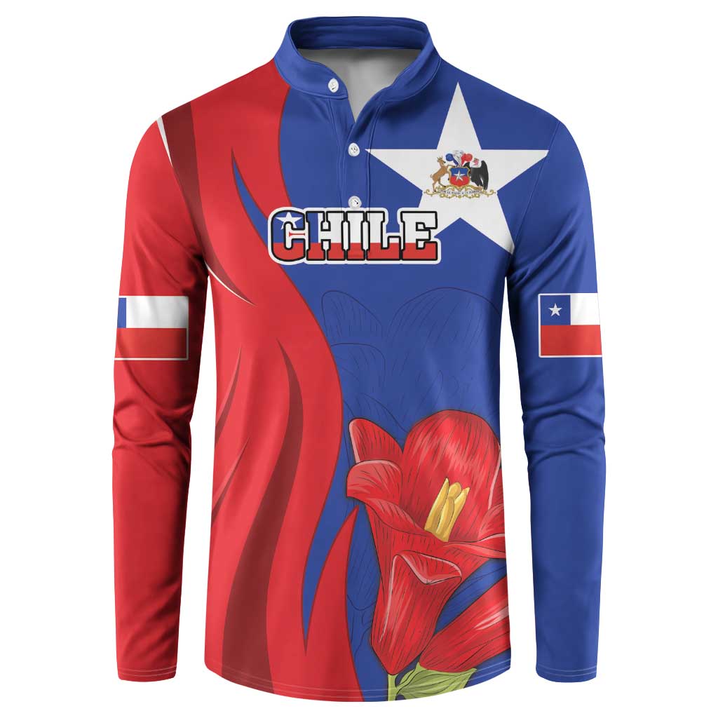 Red/blue long-sleeve button sweatshirt; front 'CHILE' with star emblem and red flower