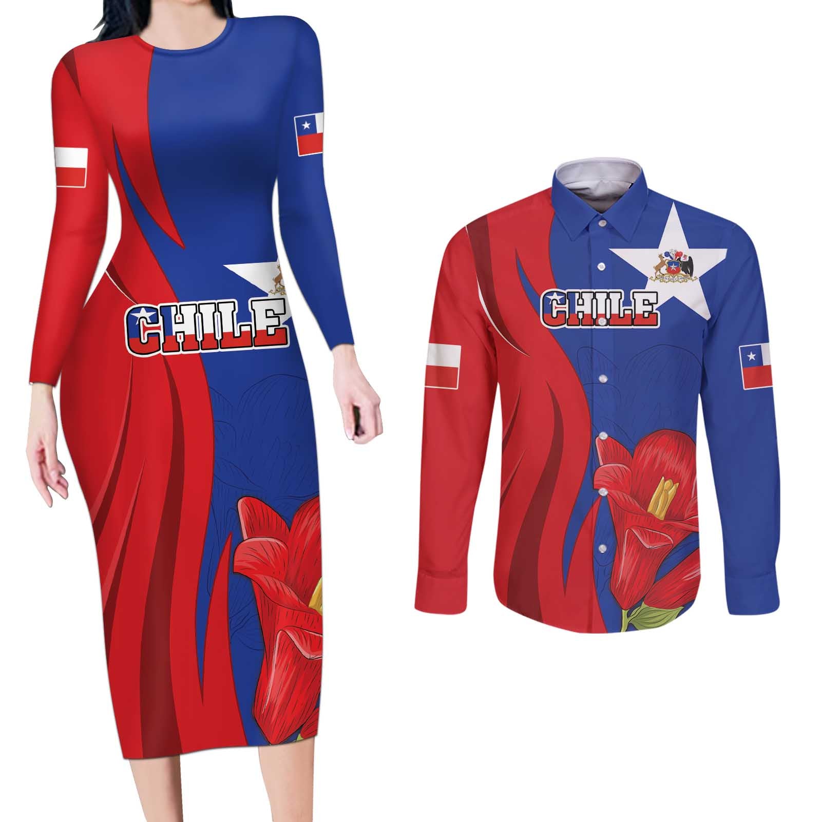 Custom Chile Independence Day Couples Matching Long Sleeve Bodycon Dress and Long Sleeve Button Shirt Lapageria Flower With Coat Of Arms - Wonder Print Shop