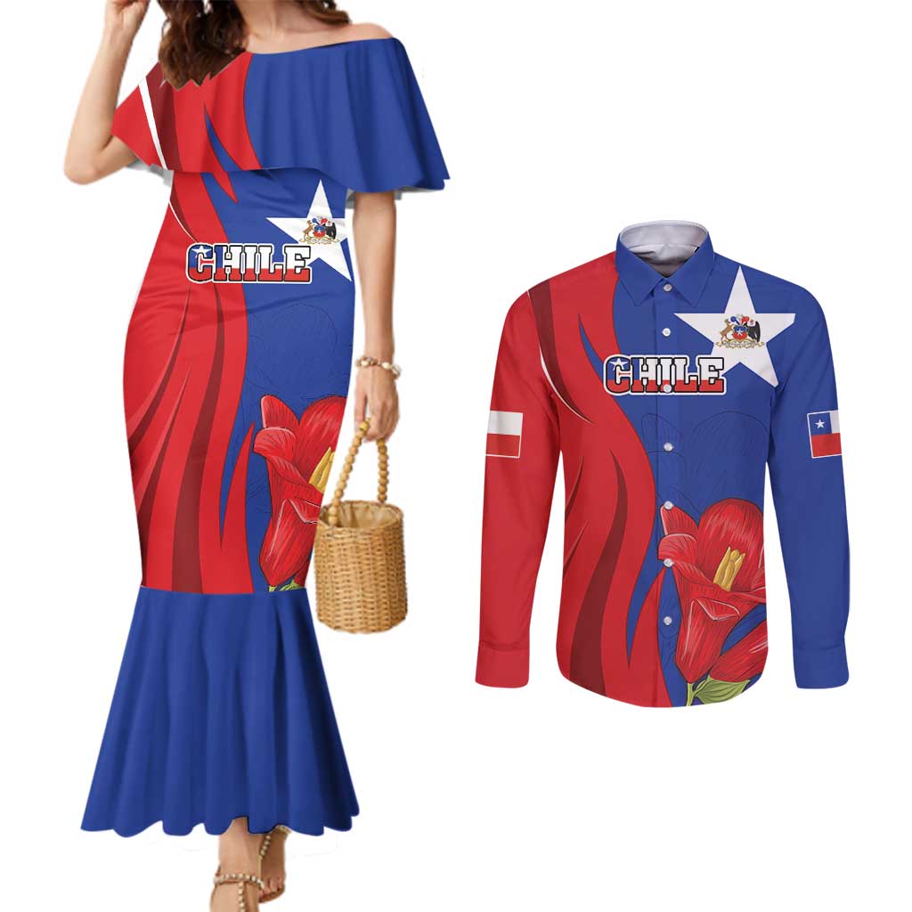 Custom Chile Independence Day Couples Matching Mermaid Dress and Long Sleeve Button Shirt Lapageria Flower With Coat Of Arms