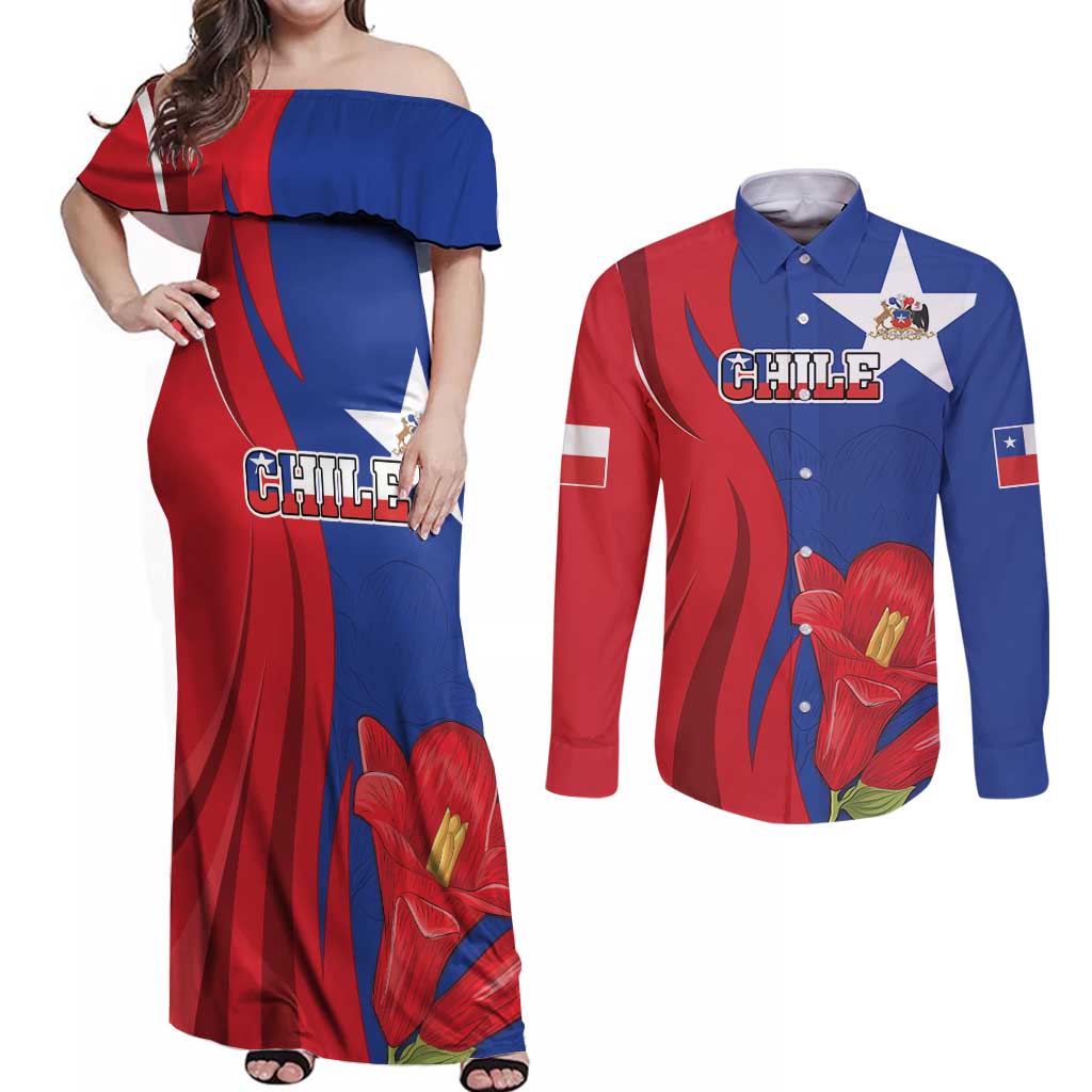 Custom Chile Independence Day Couples Matching Off Shoulder Maxi Dress and Long Sleeve Button Shirt Lapageria Flower With Coat Of Arms - Wonder Print Shop