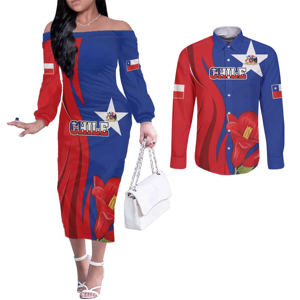 Custom Chile Independence Day Couples Matching Off The Shoulder Long Sleeve Dress and Long Sleeve Button Shirt Lapageria Flower With Coat Of Arms