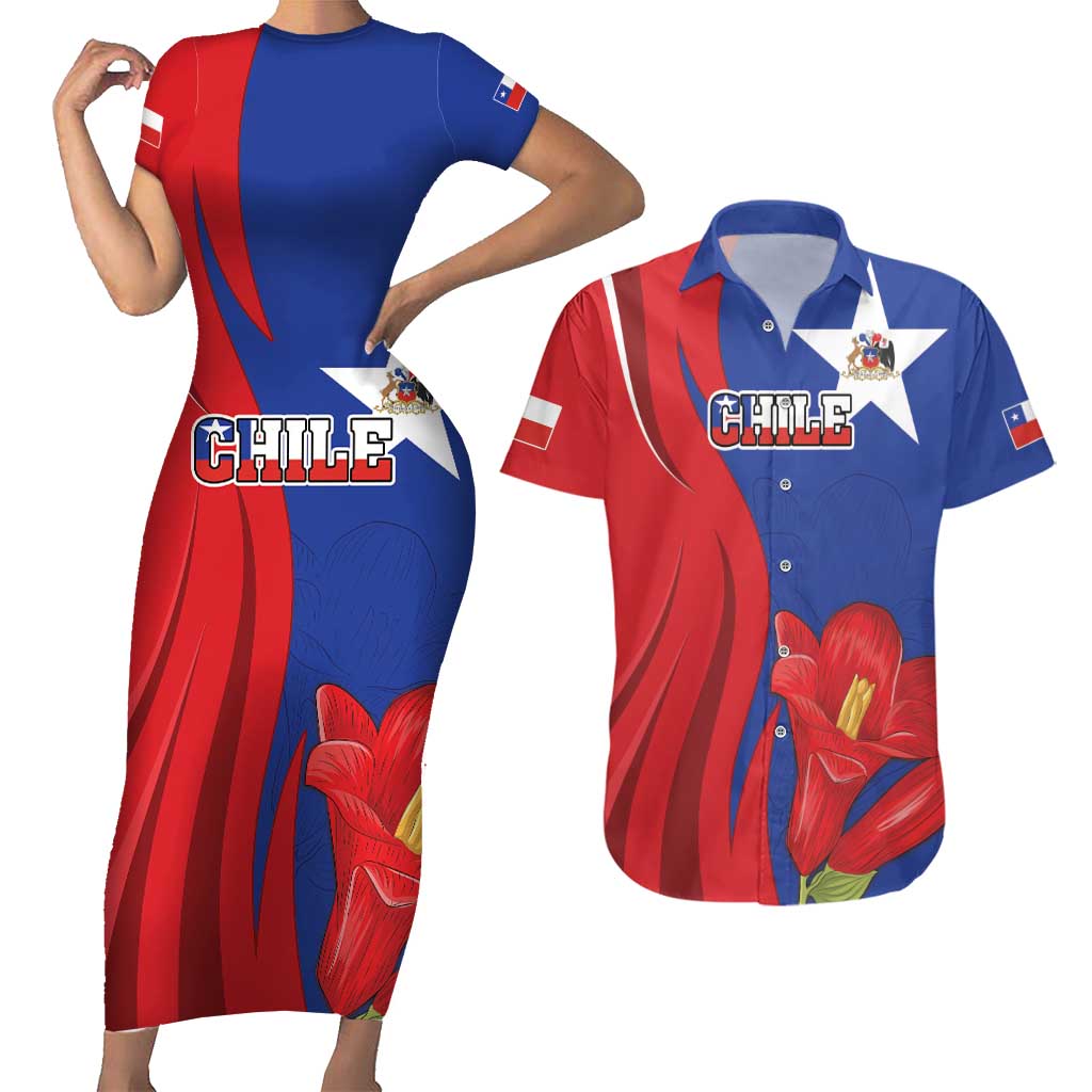 Custom Chile Independence Day Couples Matching Short Sleeve Bodycon Dress and Hawaiian Shirt Lapageria Flower With Coat Of Arms - Wonder Print Shop