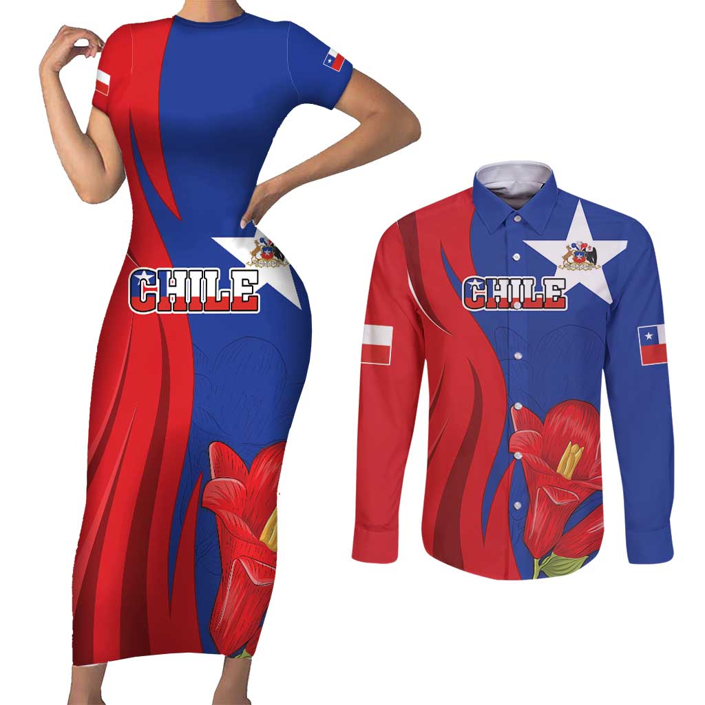 Custom Chile Independence Day Couples Matching Short Sleeve Bodycon Dress and Long Sleeve Button Shirt Lapageria Flower With Coat Of Arms - Wonder Print Shop