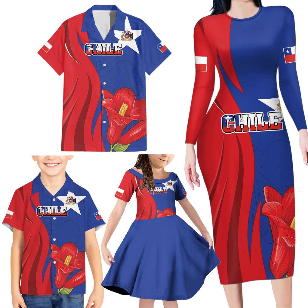 Custom Chile Independence Day Family Matching Long Sleeve Bodycon Dress and Hawaiian Shirt Lapageria Flower With Coat Of Arms - Wonder Print Shop