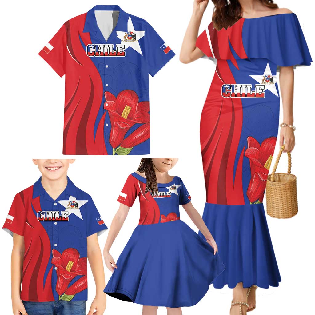 Custom Chile Independence Day Family Matching Mermaid Dress and Hawaiian Shirt Lapageria Flower With Coat Of Arms - Wonder Print Shop