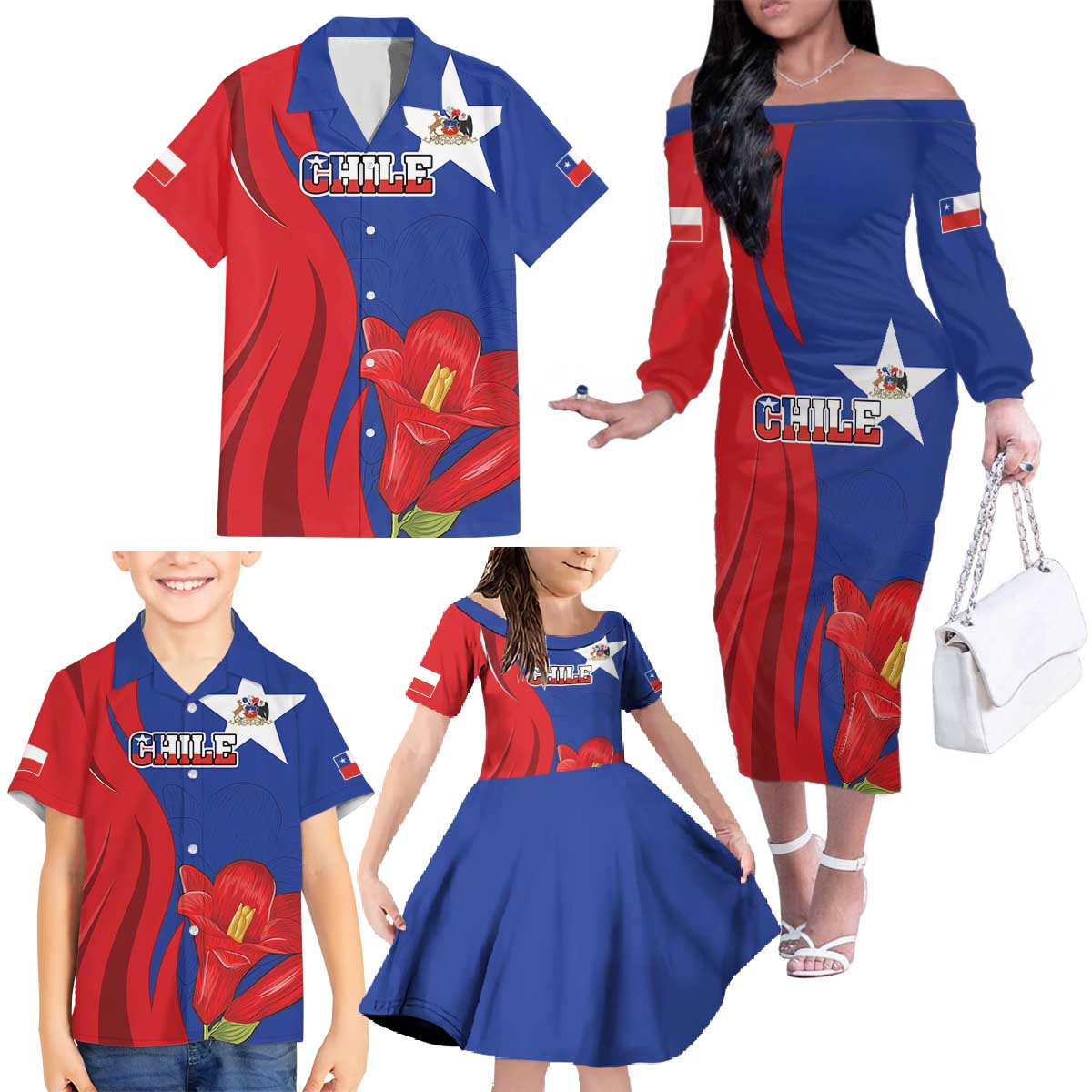 Custom Chile Independence Day Family Matching Off The Shoulder Long Sleeve Dress and Hawaiian Shirt Lapageria Flower With Coat Of Arms - Wonder Print Shop