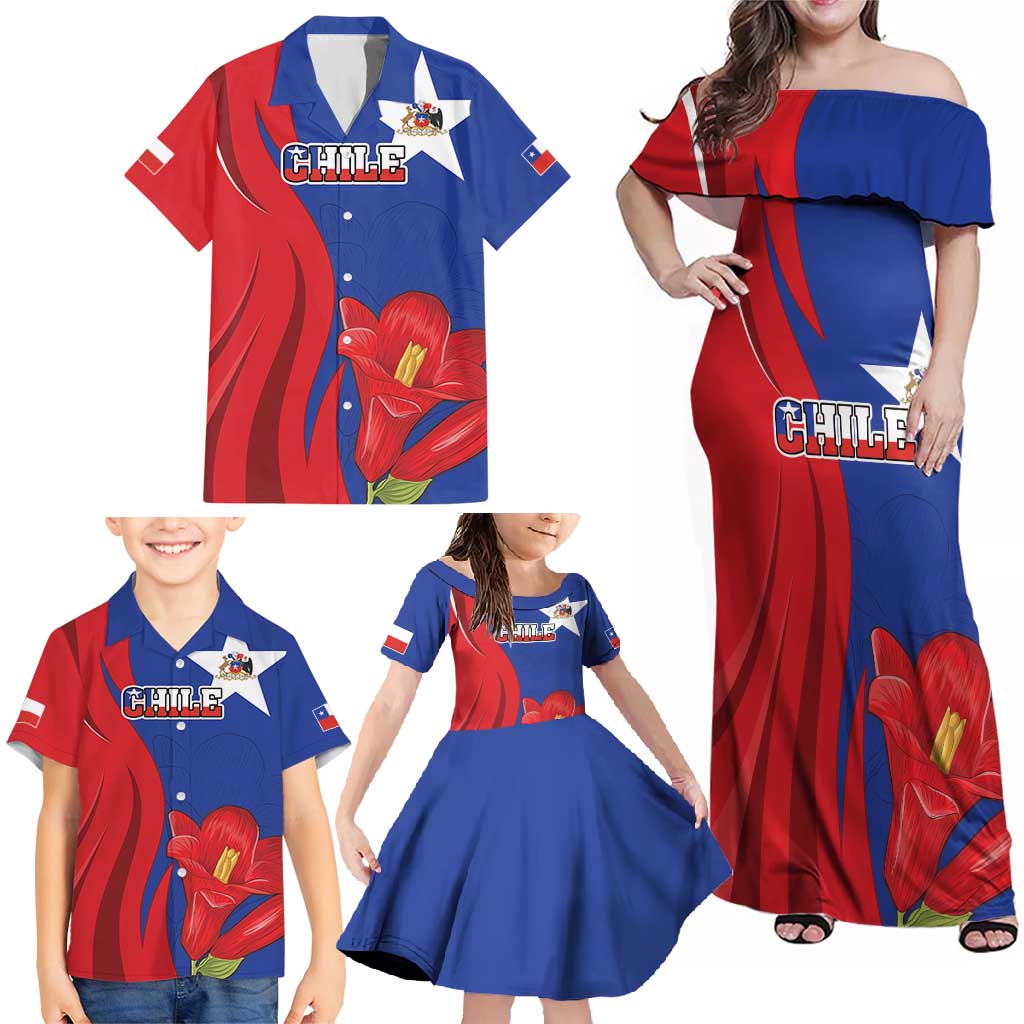 Custom Chile Independence Day Family Matching Off Shoulder Maxi Dress and Hawaiian Shirt Lapageria Flower With Coat Of Arms - Wonder Print Shop