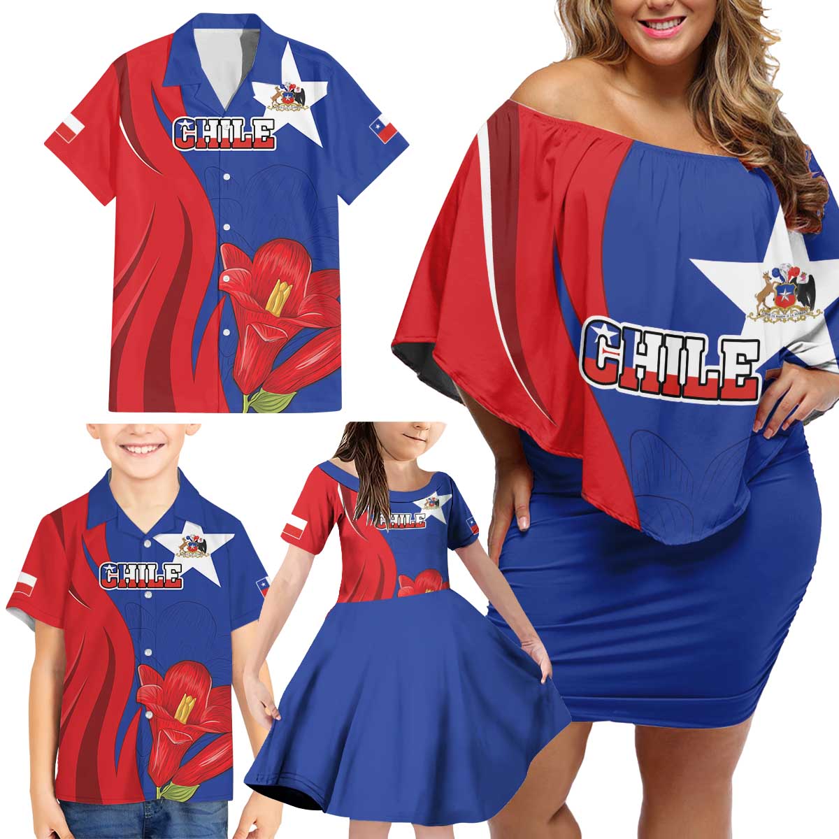 Custom Chile Independence Day Family Matching Off Shoulder Short Dress and Hawaiian Shirt Lapageria Flower With Coat Of Arms - Wonder Print Shop