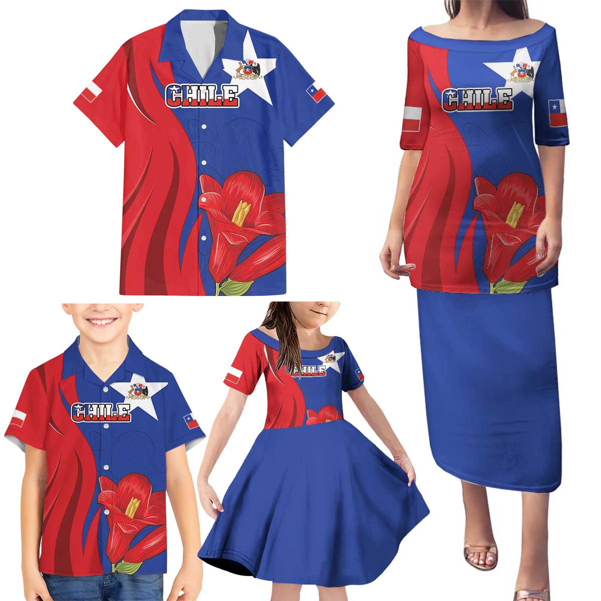 Custom Chile Independence Day Family Matching Puletasi and Hawaiian Shirt Lapageria Flower With Coat Of Arms - Wonder Print Shop