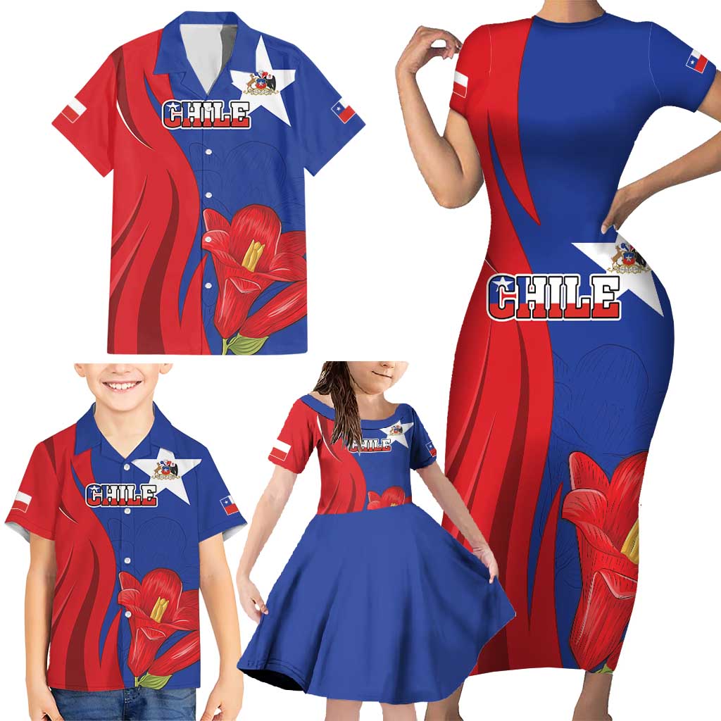 Custom Chile Independence Day Family Matching Short Sleeve Bodycon Dress and Hawaiian Shirt Lapageria Flower With Coat Of Arms - Wonder Print Shop