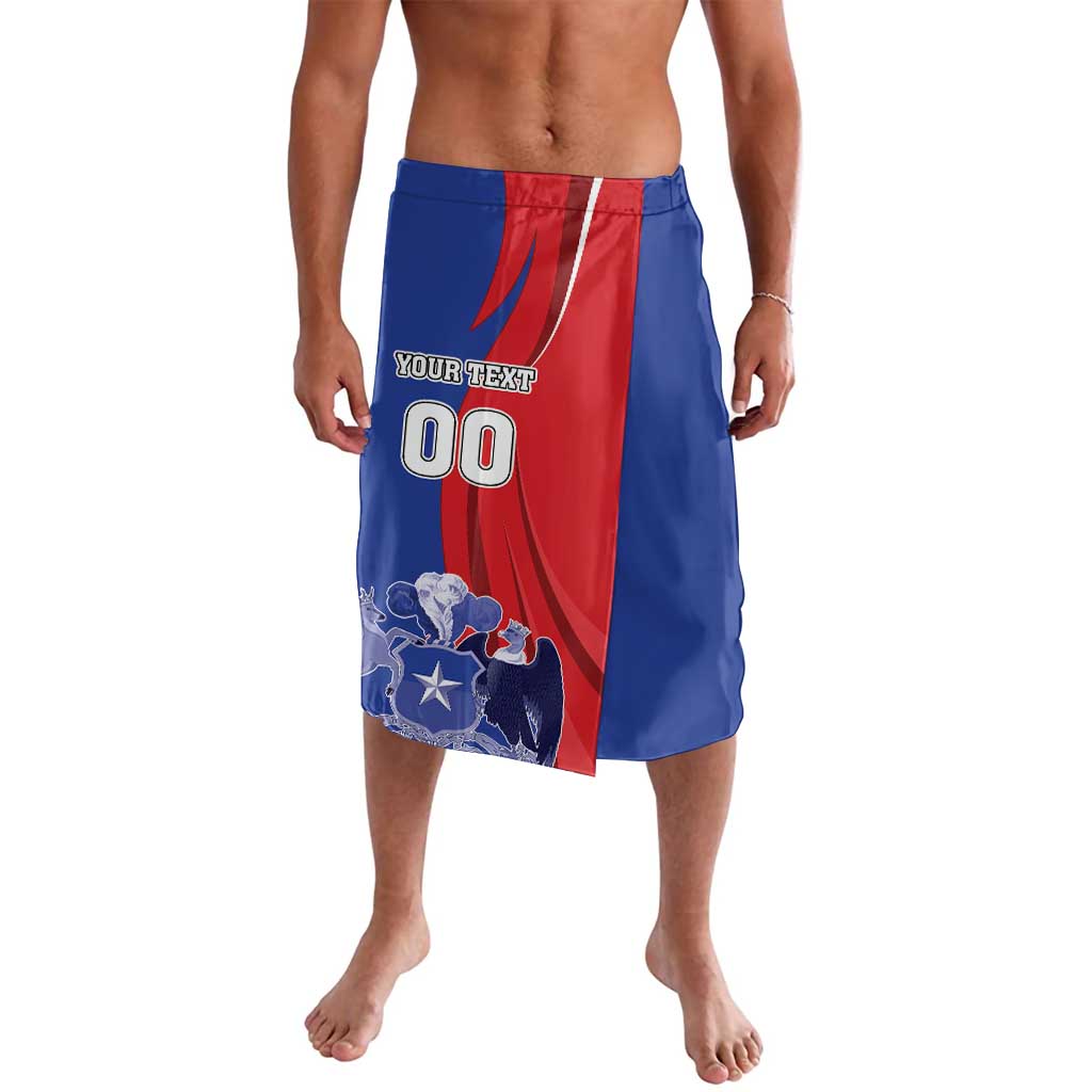 Blue and red printed elastic-waist lavalava with emblem graphic and your text 00