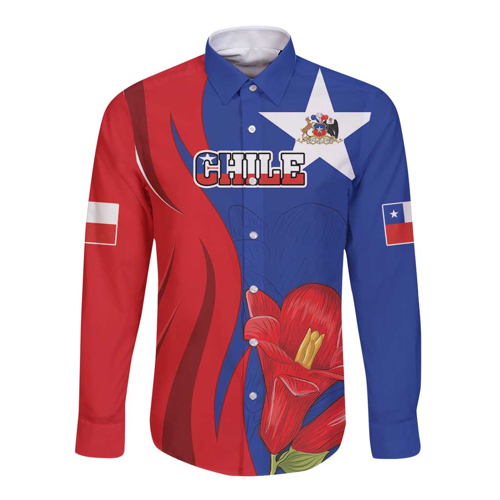 Blue and red long-sleeve button shirt with Chile star crest and flower graphic