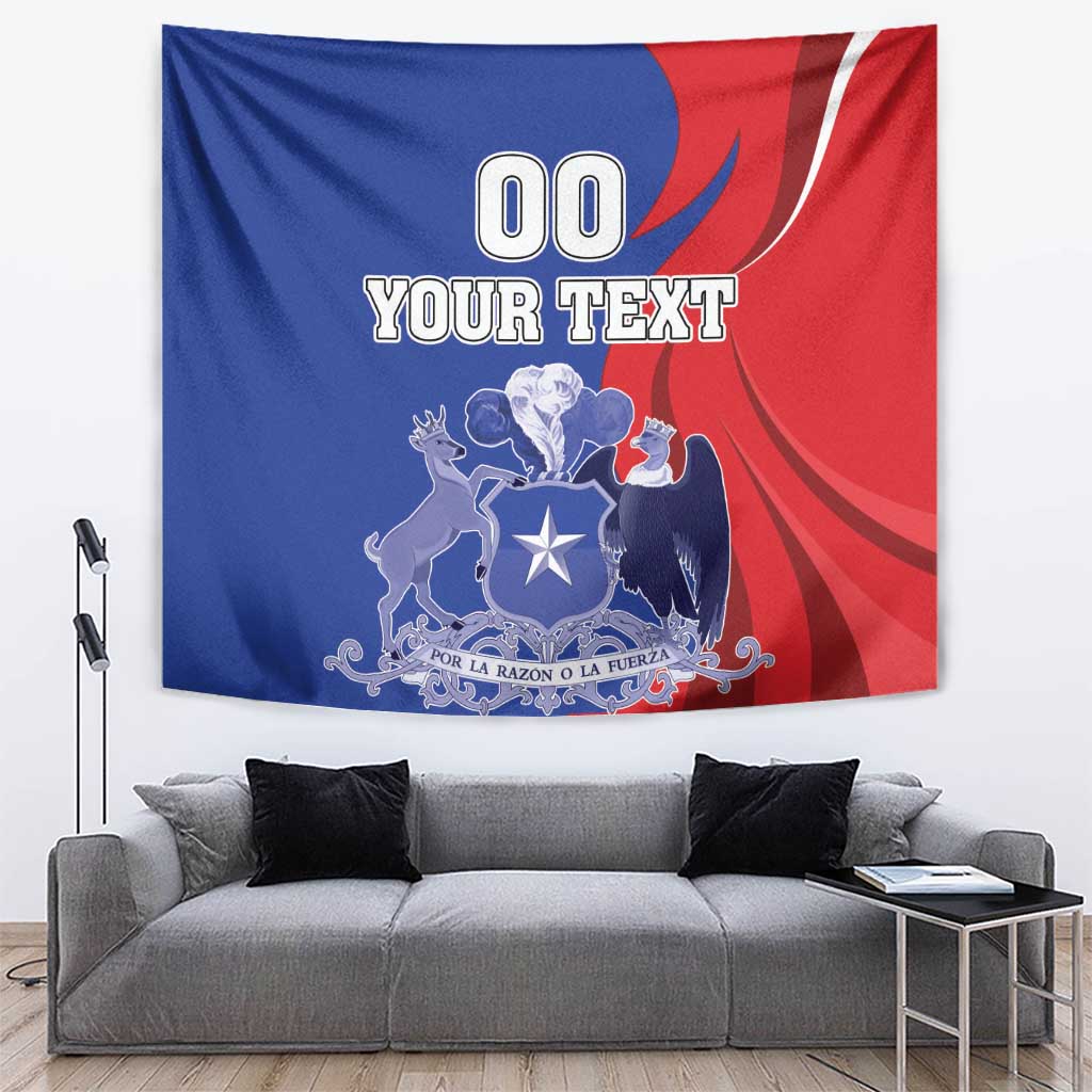 Blue and red Chile flag-style tapestry with crest and customizable text display