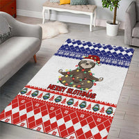 Rectangular Christmas area rug with “Merry Slothmas” text, sloth with lights, blue and red