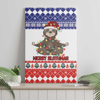 Merry Slothmas sloth canvas wall art with string lights and blue/red holiday sweater pattern.