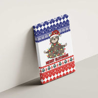 Upright canvas wall art with sloth wearing lights and “Merry Slothmas” in red and blue.