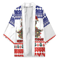 Unisex white Christmas kimono with sloth print, blue pattern sleeves, red diamond hem