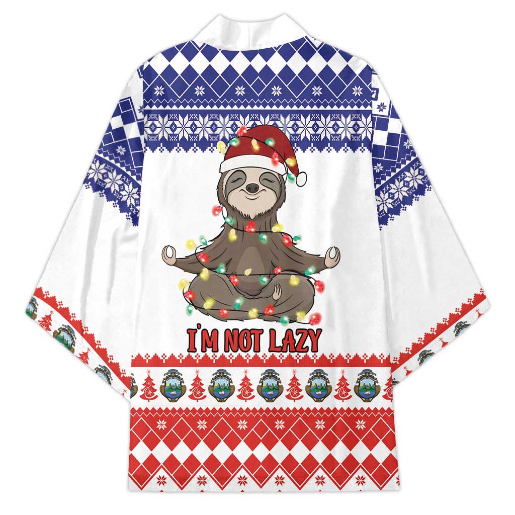 Unisex Christmas kimono back view: sloth in green hat, blue snowflake bands, red hem
