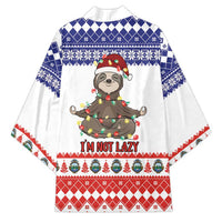 Unisex Christmas kimono back view: sloth in green hat, blue snowflake bands, red hem