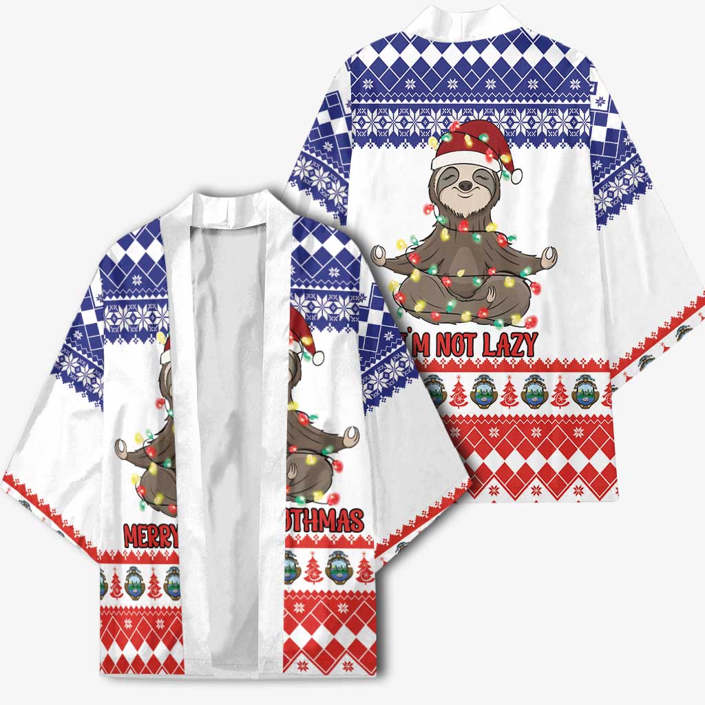 Unisex Christmas kimono shown front and back: sloth graphic, blue argyle and red diamond print