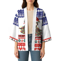 Unisex Christmas kimono worn with jeans: white fabric with sloth graphic, blue and red border