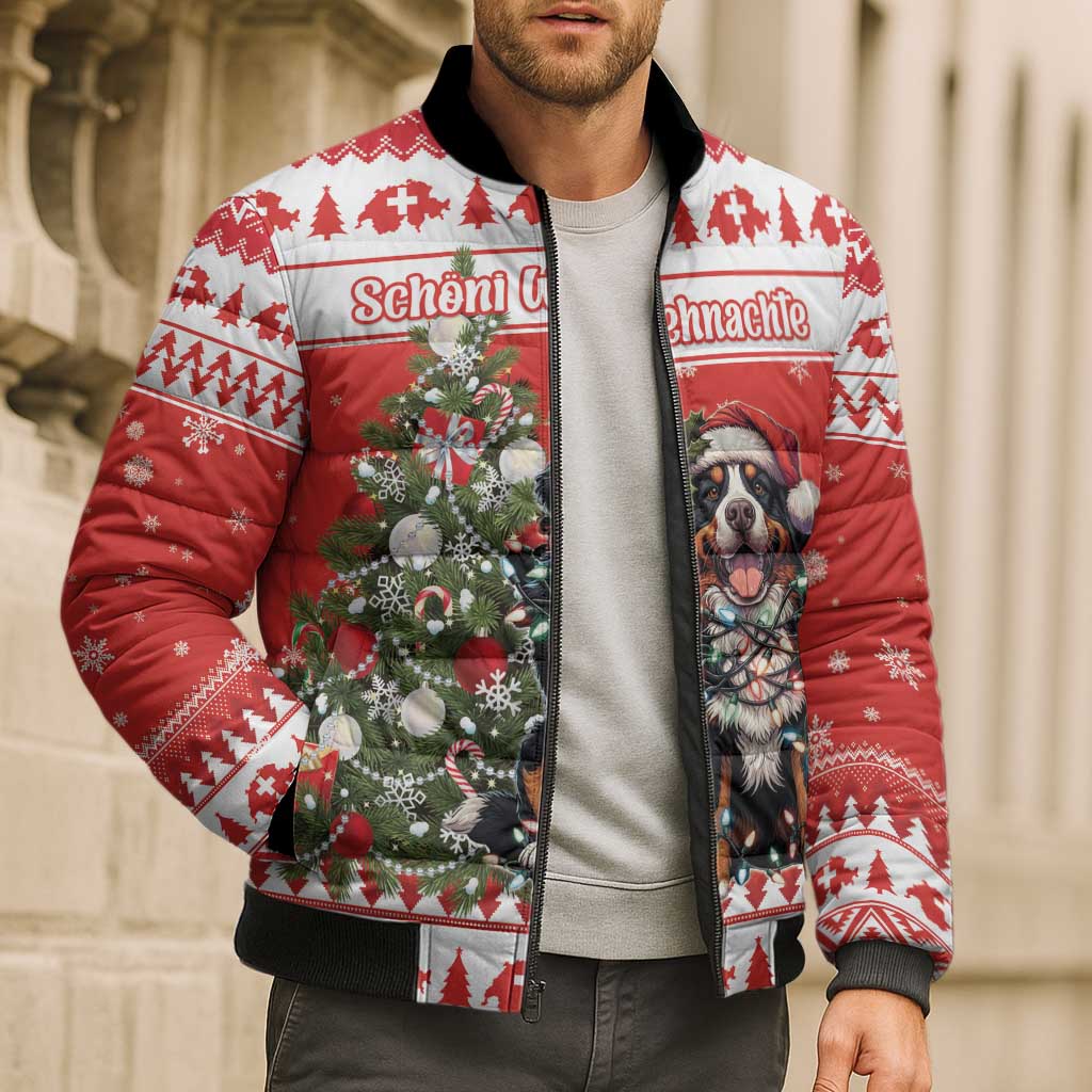 Personalized Merry Swissmas Bomber Puffer Jacket Bernese Mountain Dog Christmas Pattern - Wonder Print Shop
