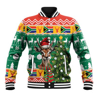 Christmas baseball jacket, green with deer and tree graphic, striped collar and cuffs