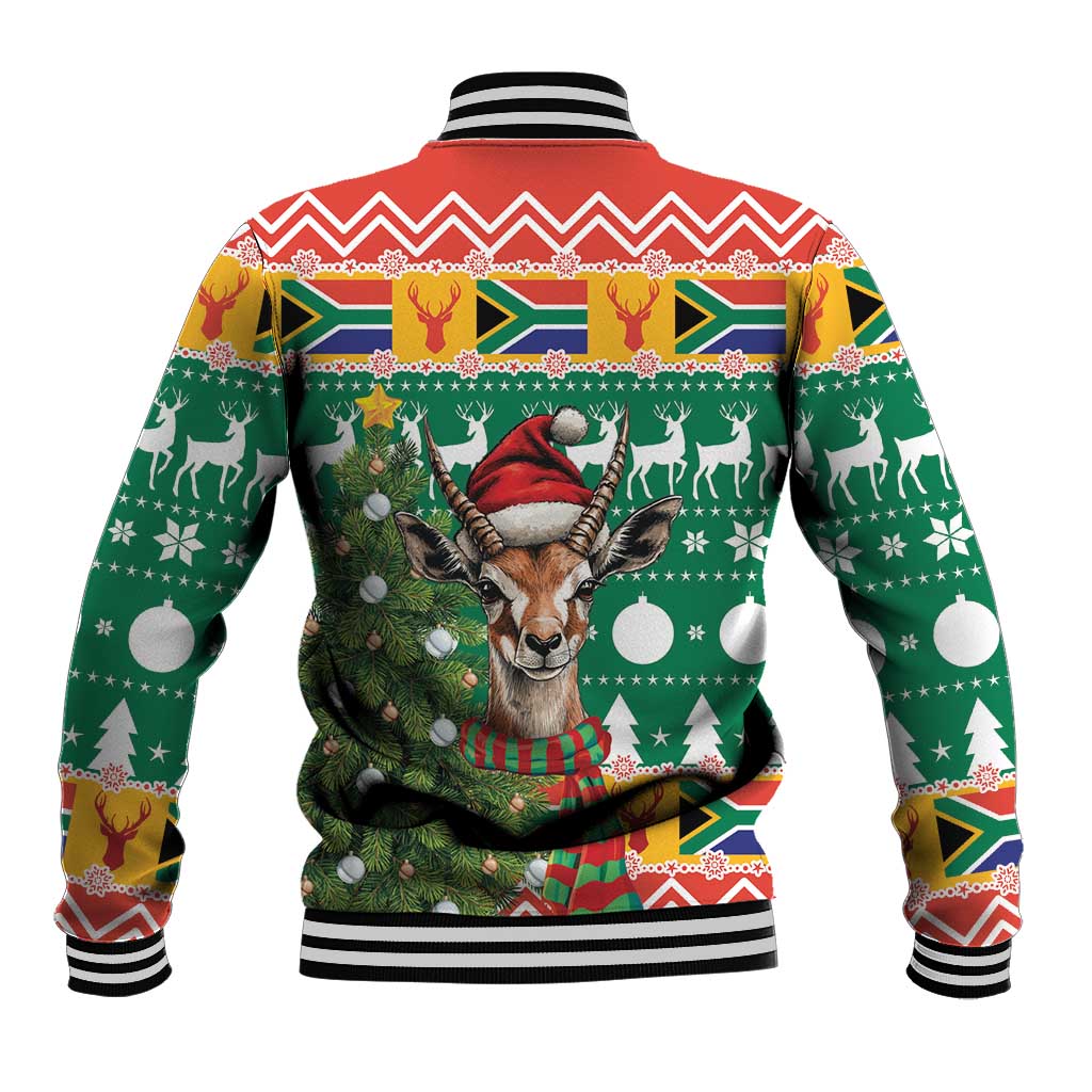 Christmas baseball jacket, green with deer holiday scenes, striped collar and rib cuffs