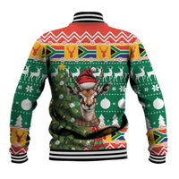 Christmas baseball jacket, green with deer holiday scenes, striped collar and rib cuffs