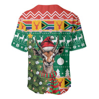 Back of Christmas baseball jersey with reindeer, tree icons, and hanging ornaments