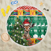 150cm round Christmas beach blanket with springbok, pine tree, South Africa pattern, fringe