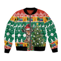 Zip-front Christmas bomber jacket with deer, ornaments, and Christmas tree graphic