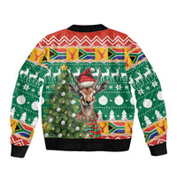 Christmas bomber jacket with green red deer and Christmas tree scene, black cuffs