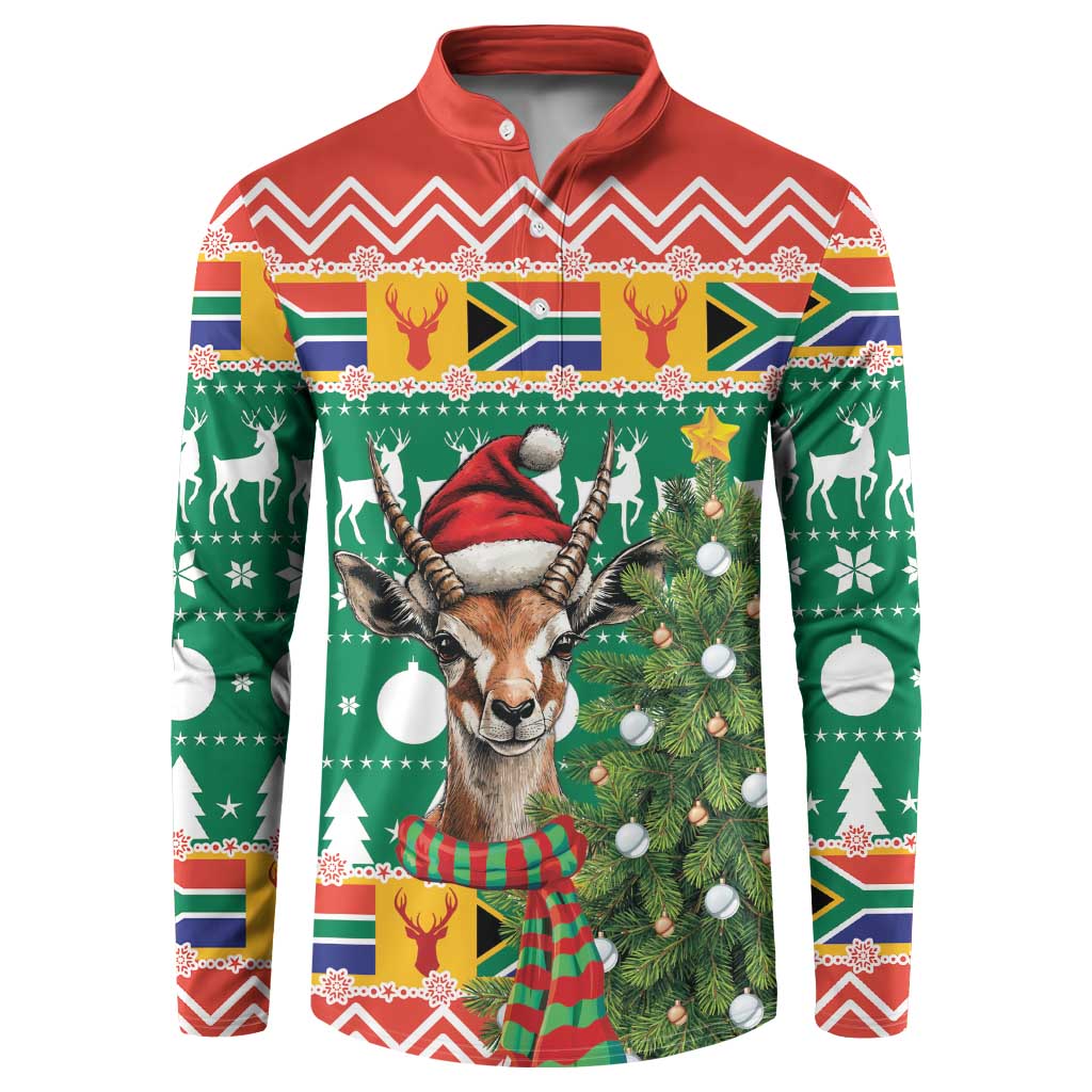Red-collar Christmas button sweatshirt with springbok and festive tree graphics