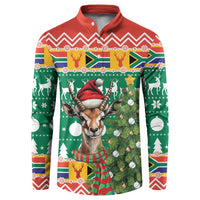 Red-collar Christmas button sweatshirt with springbok and festive tree graphics