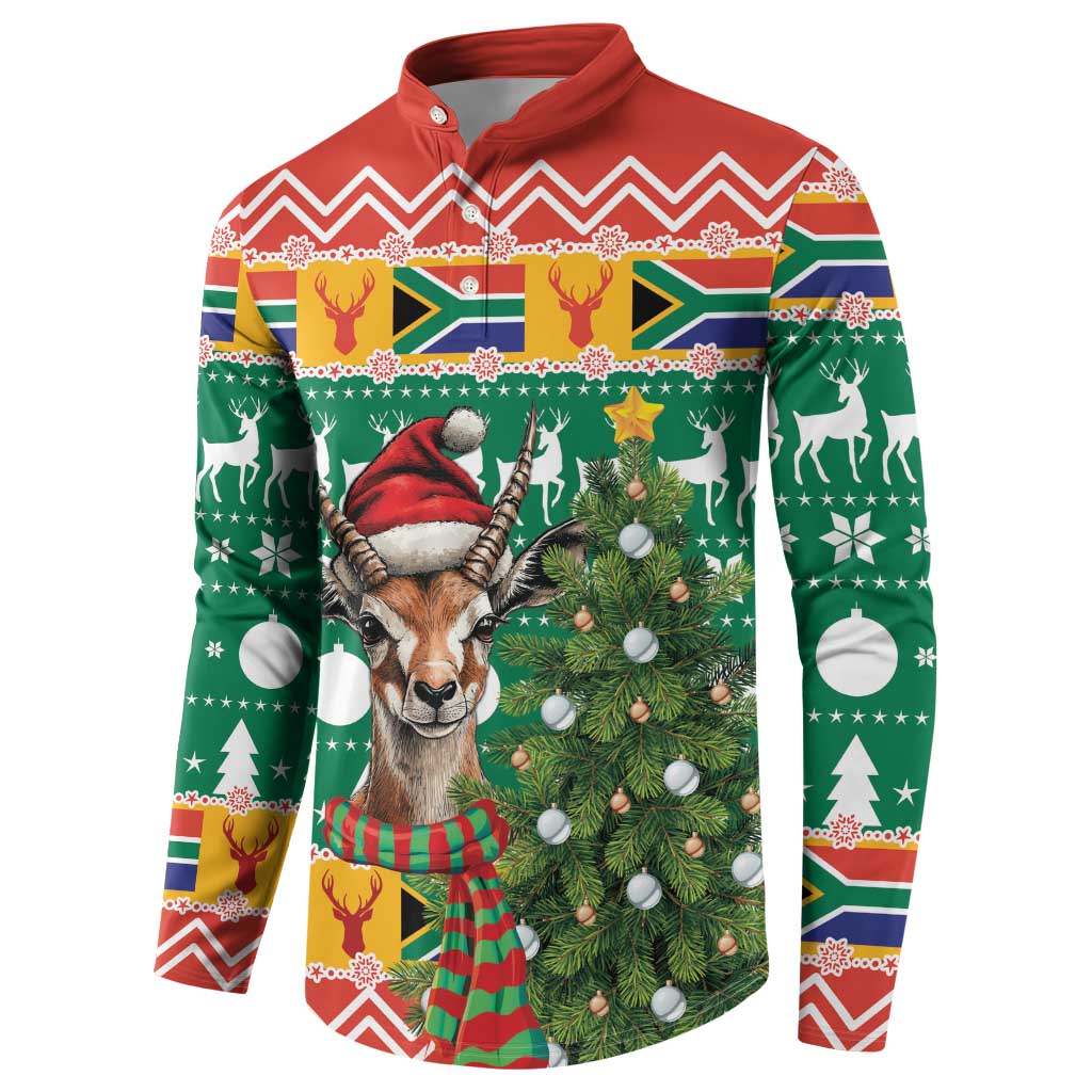 Christmas button sweatshirt in green with springbok and Christmas tree artwork