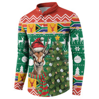 Christmas button sweatshirt in green with springbok and Christmas tree artwork