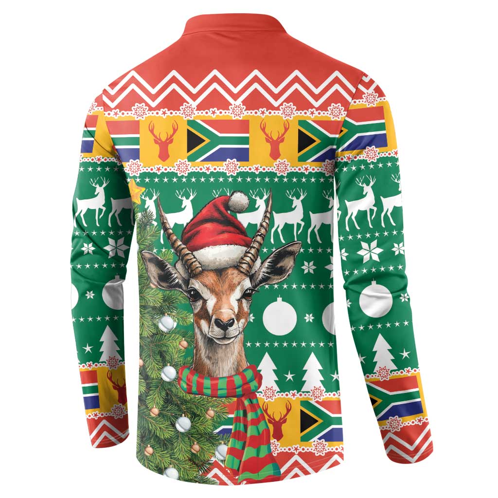 Back of Christmas button sweatshirt with springbok in Santa hat and holiday graphics
