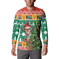 Christmas button sweatshirt front with springbok wearing Santa hat and festive pattern