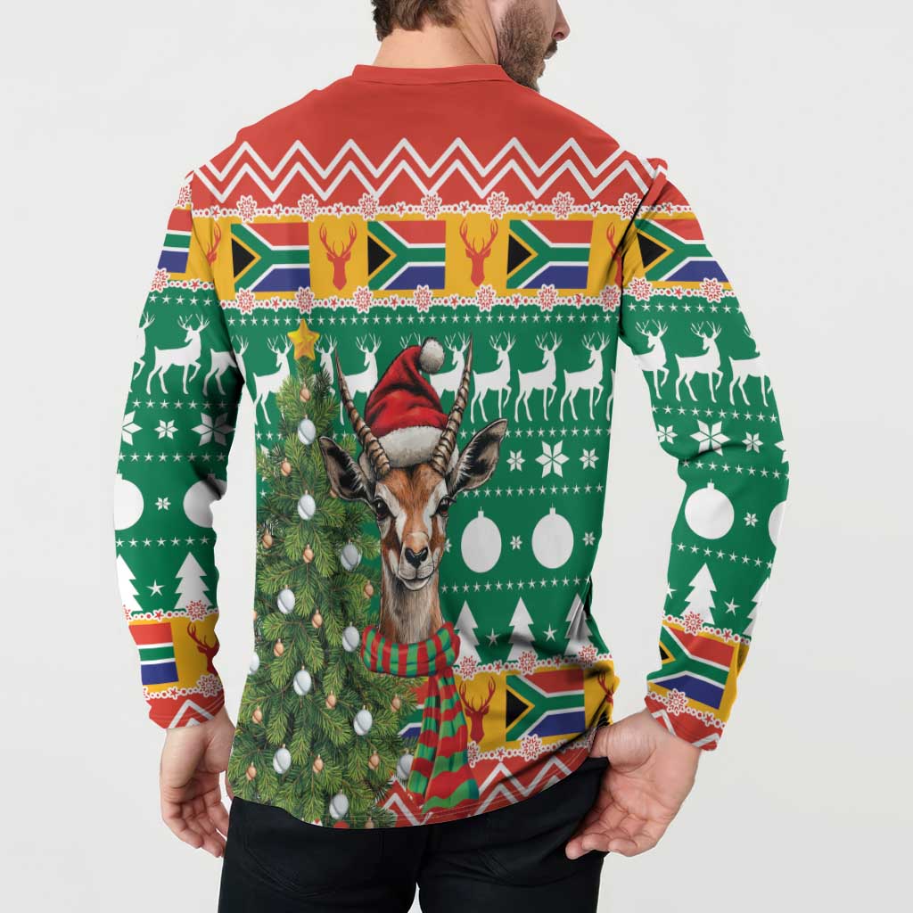Back view Christmas button sweatshirt with springbok and Christmas tree holiday pattern