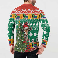 Back view Christmas button sweatshirt with springbok and Christmas tree holiday pattern