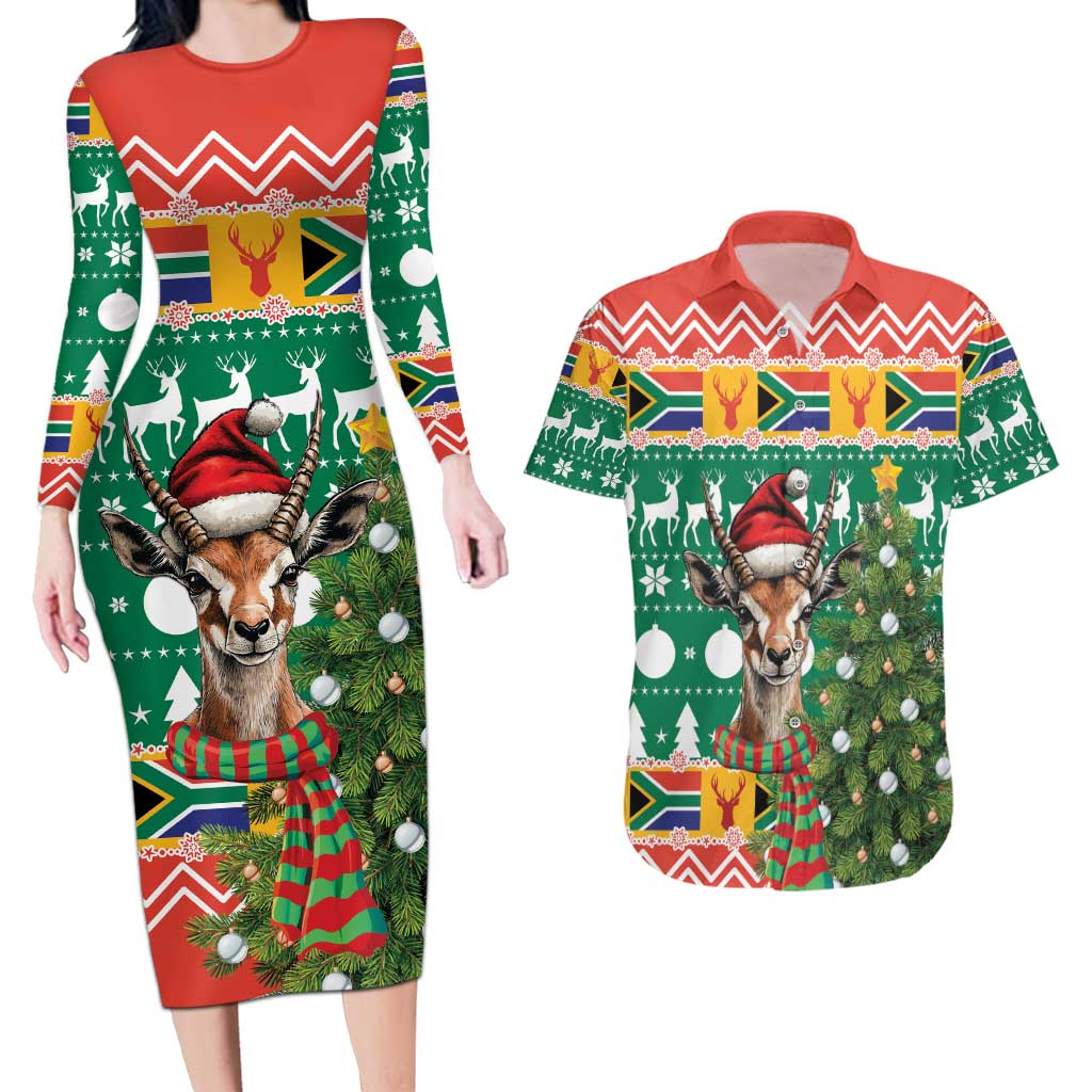 South Africa Christmas Couples Matching Long Sleeve Bodycon Dress and Hawaiian Shirt Springbok With Christmas Tree - Wonder Print Shop